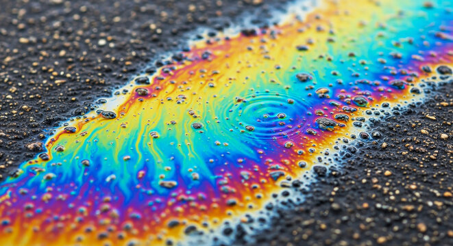 Oil leak on pavement with colorful rainbow patterns and water ripples