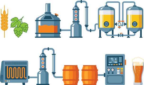 Industrial Beer Brewing and Production Process Infographic Vector Set Featuring Factory Machinery Tanks Distillation Equipment Barrels Wheat and Hops Elements