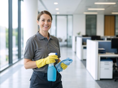 Smiling female cleaner holding spray bottle and cloth in modern office. Professional janitor woman in uniform ready for commercial cleaning service