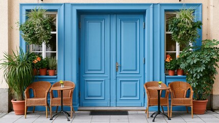 Fototapeta premium Charming cafe entrance with blue double doors and wicker seating