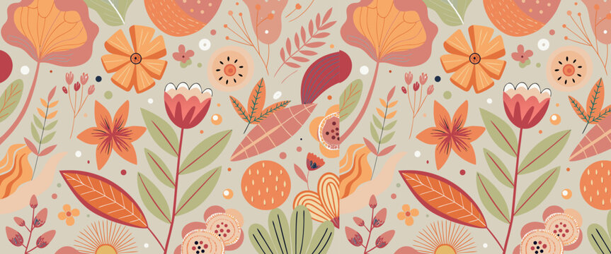 Vibrant floral pattern with orange flowers and leaves