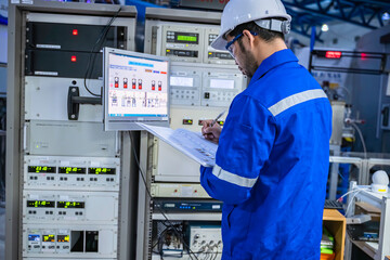 Electrical engineer male checking voltage at the Power Distribution Cabinet in the control room,preventive maintenance Yearly,inspecting power system and control panel in industrial factory © reewungjunerr