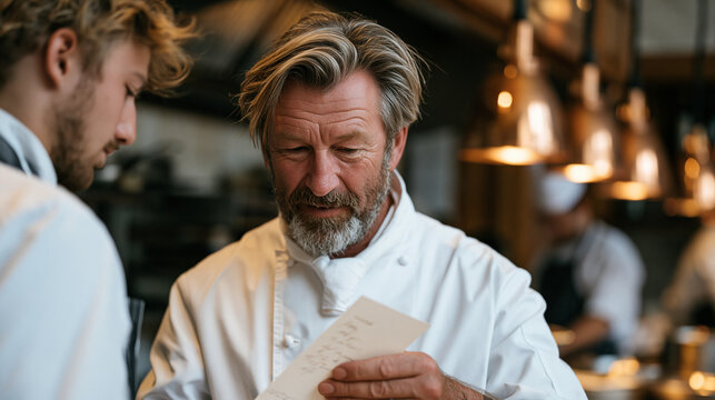 Seasoned chef in his fifties passing a handwritten recipe card to a culinary school apprentice in a steaming restaurant kitchen, the mentorship moment quiet and deliberate amid the noise and urgency