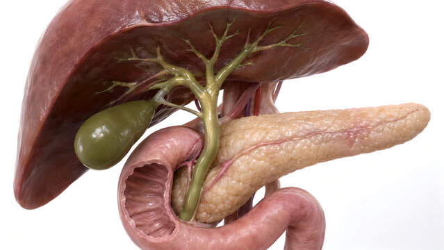 Cholangitis Biliary Tree Anatomy 3D Medical Illustration with Liver, Gallbladder, Pancreas and Duodenum for Patient Education