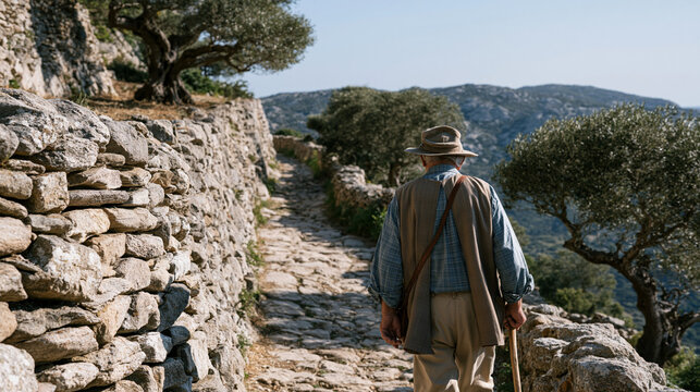 Sardinian shepherd in his eighties walking narrow terraced hillside path at measured steady pace, walking pace aging predictor research concept, harsh midday sun overhead, dry stone walls and olive 