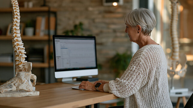 Retired female marathon runner checking wearable gait ysis data on clinic screen with physiothe, walking pace aging predictor essment, warm consultation room, anatomical foot and spine models on des