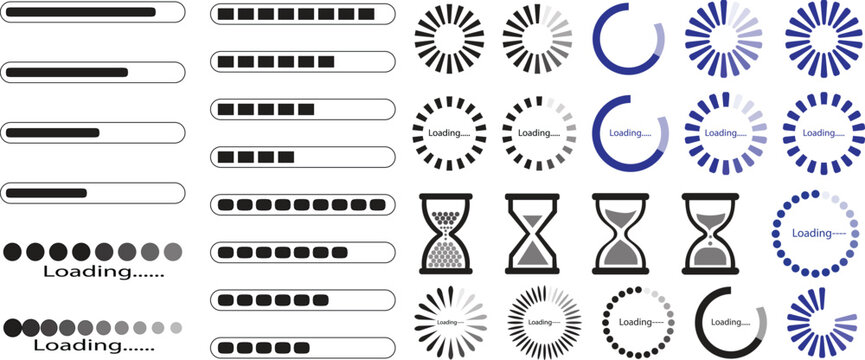 Loading Progress Bar, Spinner and Hourglass Icon Set With Circular Status Indicators, Waiting Symbols and Loading Screen Design for Web UI and Mobile App Interfaces