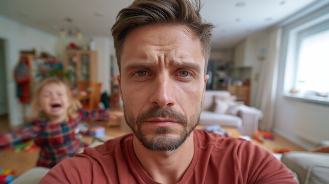 Exhausted father coping with toddler tantrum at home, stressed dad portrait with crying child in background. Parenting burnout, fatherhood stress, mental health, family chaos and emotional overload
