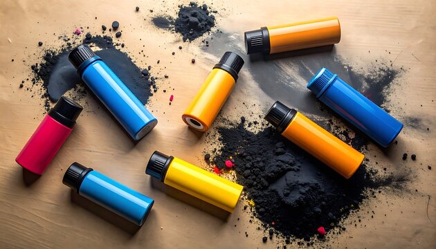 Scattered colorful toner cartridges and black powder on a textured surface, printing supplies for digital printing and office use