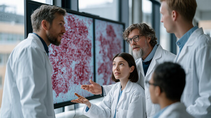 Obraz premium Molecular biology team yzing senescent cell imagery on large wall monitor, senolytic therapy aging research group dynamic, rain soaked streets visible through tall lab windows, diverse researchers g