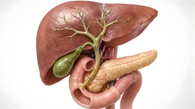 Cholangitis Biliary Tree Anatomy 3D Medical Illustration with Liver, Gallbladder, Pancreas and Duodenum for Patient Education