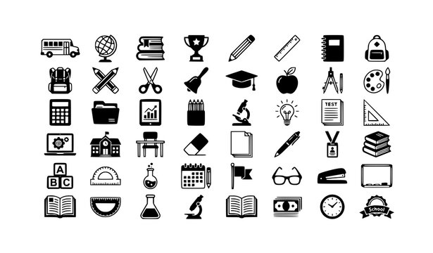 Back to School Black and White Vector Icon Set with Educational Symbols