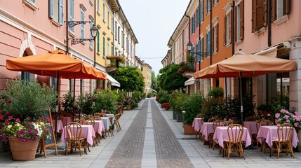 Fototapeta premium Charming Italian street lined with pastel buildings and outdoor cafe seating