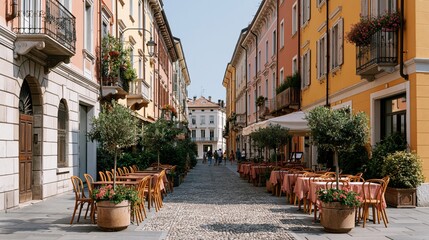Obraz premium Charming Italian street lined with pastel buildings and outdoor cafes