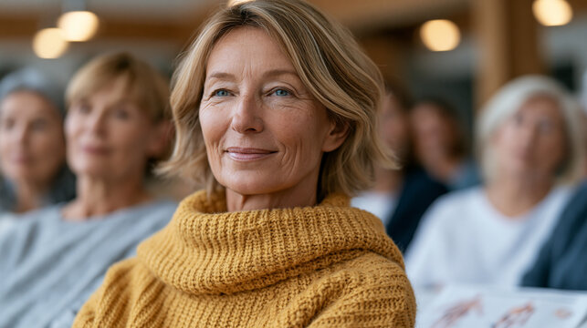 Group of women in their fifties attending menopause wellness workshop in community center, estrogen decline aging education group dynamic, afternoon indoor lighting, anatomical diagrams and printed 
