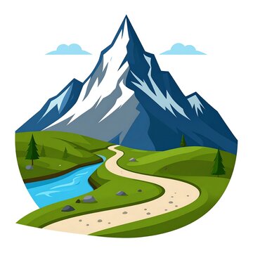 A stylized illustration depicting a mountain range with a snow-capped peak, a winding path, a river, and rolling green hills