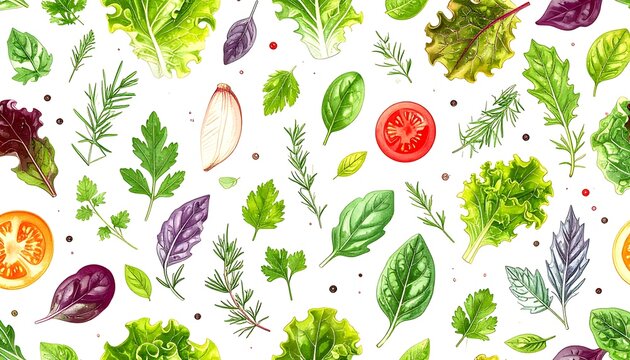 Scattered fresh salad leaves and cherry tomatoes in a vibrant pattern, healthy food concept, spring greens and herbs with spices