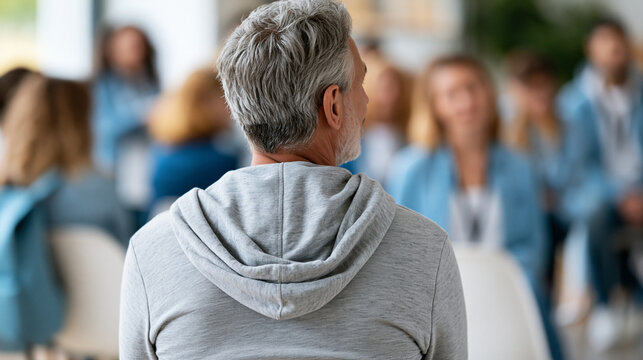Rear view of a social worker in a busy social services agency advocating for vulnerable individuals, advocacy concept, social services agency photography, community welfare