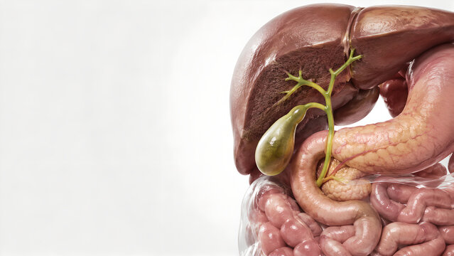Cholangitis Biliary Tree Anatomy 3D Medical Illustration with Liver, Gallbladder, Pancreas and Duodenum for Patient Education