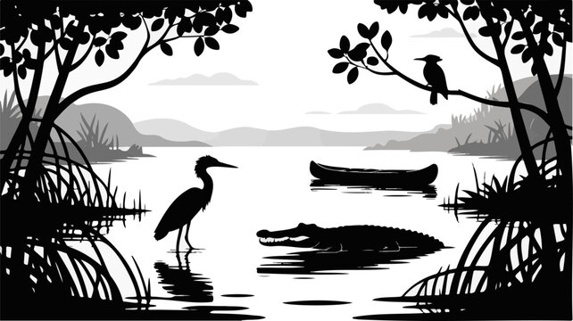 Detailed black silhouette vector of a coastal wetland landscape with wildlife and a canoe isolated on transparent background