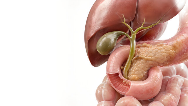 Cholangitis Biliary Tree Anatomy 3D Medical Illustration with Liver, Gallbladder, Pancreas and Duodenum for Patient Education