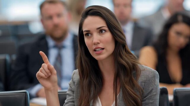 Sign language interpreter communicates at a corporate event in a large conference room during a business meeting with multiple attendees
