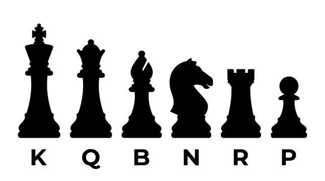 Chess pieces set with black silhouettes and letter notations for strategy board game design featuring silhouette, king, queen with bishop and knight