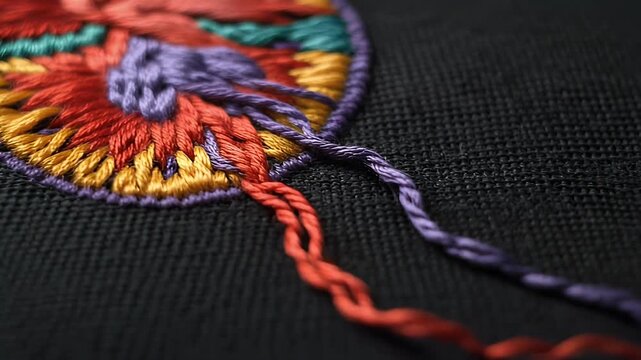 Close-up view of a colorful embroidered design on black fabric with threads