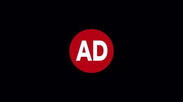 Red circular advertisement icon with white AD text on alpha channel transparent background. Modern UI element for digital marketing, video advertising, and promotional content.
