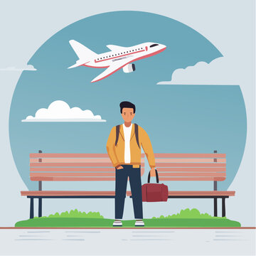Man waiting for travel with airplane overhead