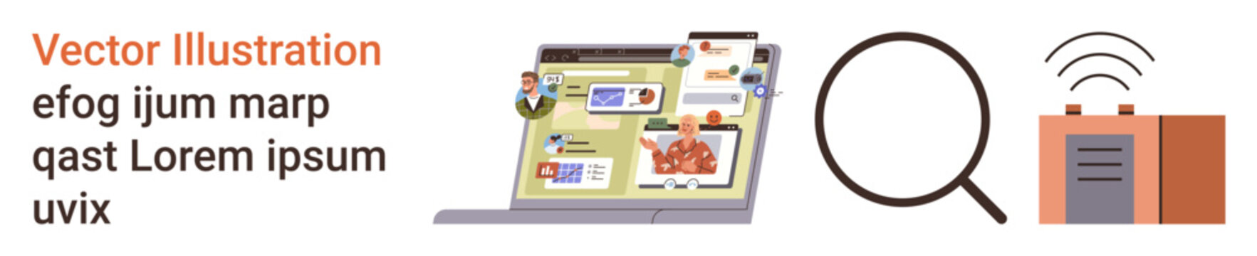 Digital marketing, web design, research tools, information sharing, innovation, technology. Laptop displaying web pages, magnifying glass wireless router symbol. Digital marketing and web design