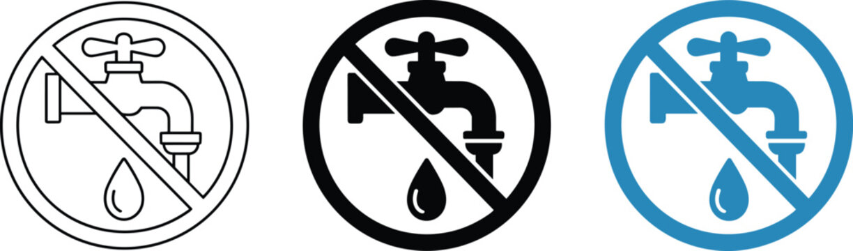 Serious professional icons of prohibited water faucets on a clean white background with flat lighting to prevent waste.