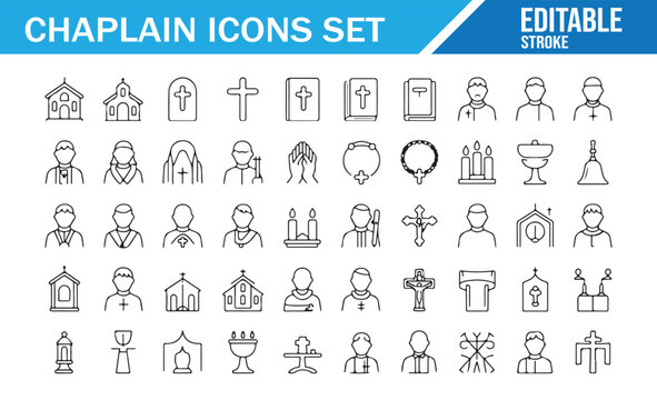 Christian Faith Outline Icons with Priest, Candle, Bible and Worship Elements