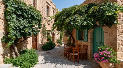 Fototapeta premium Charming Mediterranean village alley with stone buildings and lush greenery