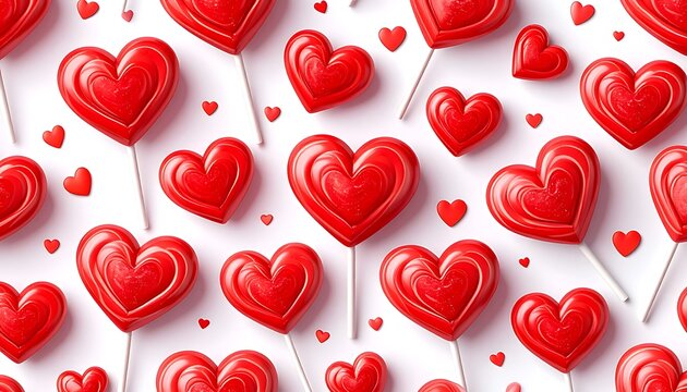 Seamless pattern of shiny red heart-shaped lollipops with small heart sprinkles on a white background, valentine's day sweet treats, romantic celebration