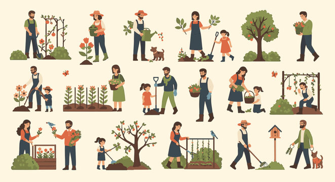 Modern flat vector illustration collection featuring diverse professional characters, business icons, and lifestyle elements for web design, app interface, and marketing presentations.