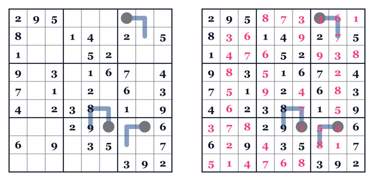 Sudoku puzzle with annotations and highlighted solutions  