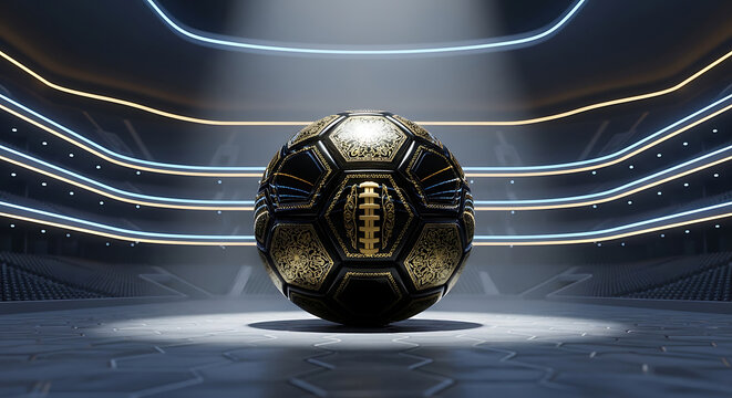 A luxurious, ornate soccer ball with intricate gold patterns and a central football lace design, centered in a modern, illuminated stadium arena under a dramatic spotlight