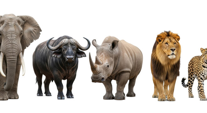 Majestic adult African Big Five (elephant, buffalo, white rhino, male lion, spotted leopard) side-by-side on transparent studio background, no shadows, commercial photoshoot concept