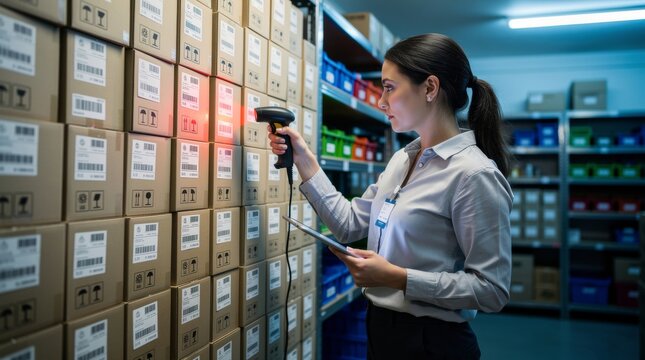 Warehouse worker scans inventory with scanner and tablet