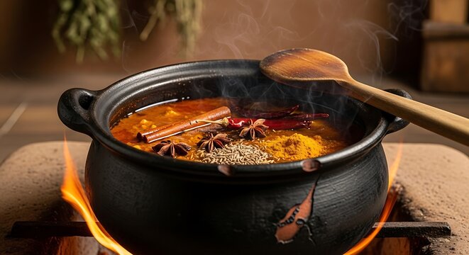 Steaming hot spicy indian curry cooking in a clay pot over open fire
