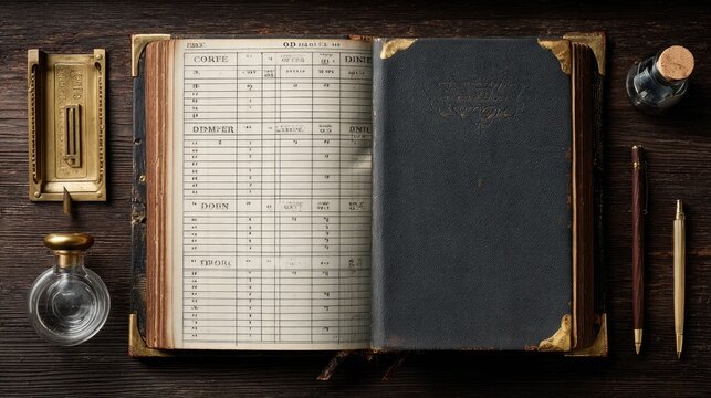 Vintage ledger open, revealing lined pages & dark cover, with inkwell