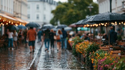 Obraz premium People with umbrellas walk down a wet European street during a rainy day