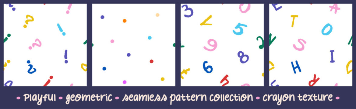 Playful crayon seamless patterns set. Scattered letters, numbers, dots and punctuation marks on white background. Multicolored vector prints for children. Education, kindergarten and back to school