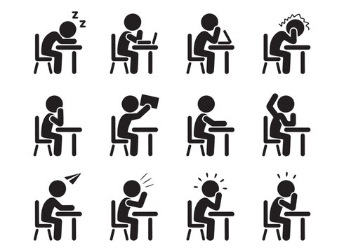 Student in classroom stick figure icons set