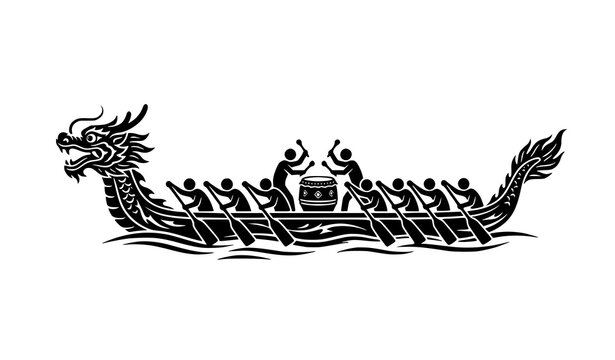 Minimal dragon boat racing silhouette vector with paddles and traditional drum