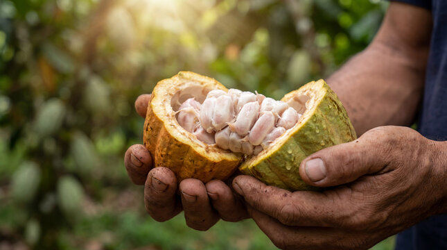 Hands holding a freshly opened cacao pod with raw cacao beans on a sunny cocoa farm. Harvest concept