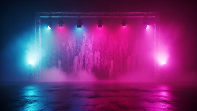 Empty stage with metal truss structure illuminated by bright blue and magenta spotlights creating thick fog and glowing beams on a dark reflective floor surface in a studio setting