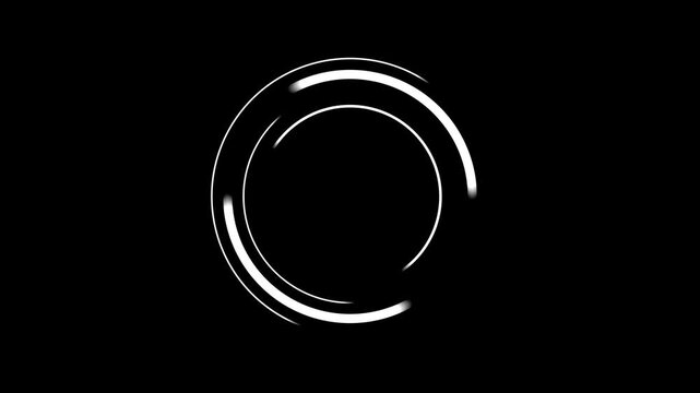 Abstract white circular line animation on black background, futuristic rotating ring motion graphics, minimal technology loop, modern radial light effect overlay backdrop