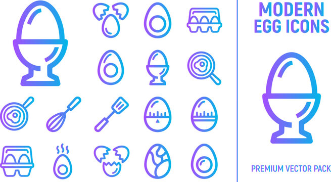 Modern egg icons with gradient blue purple outline for design graphic food cooking breakfast illustration.
